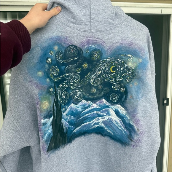 Artistic Gray Hoodie with Starry Night Design